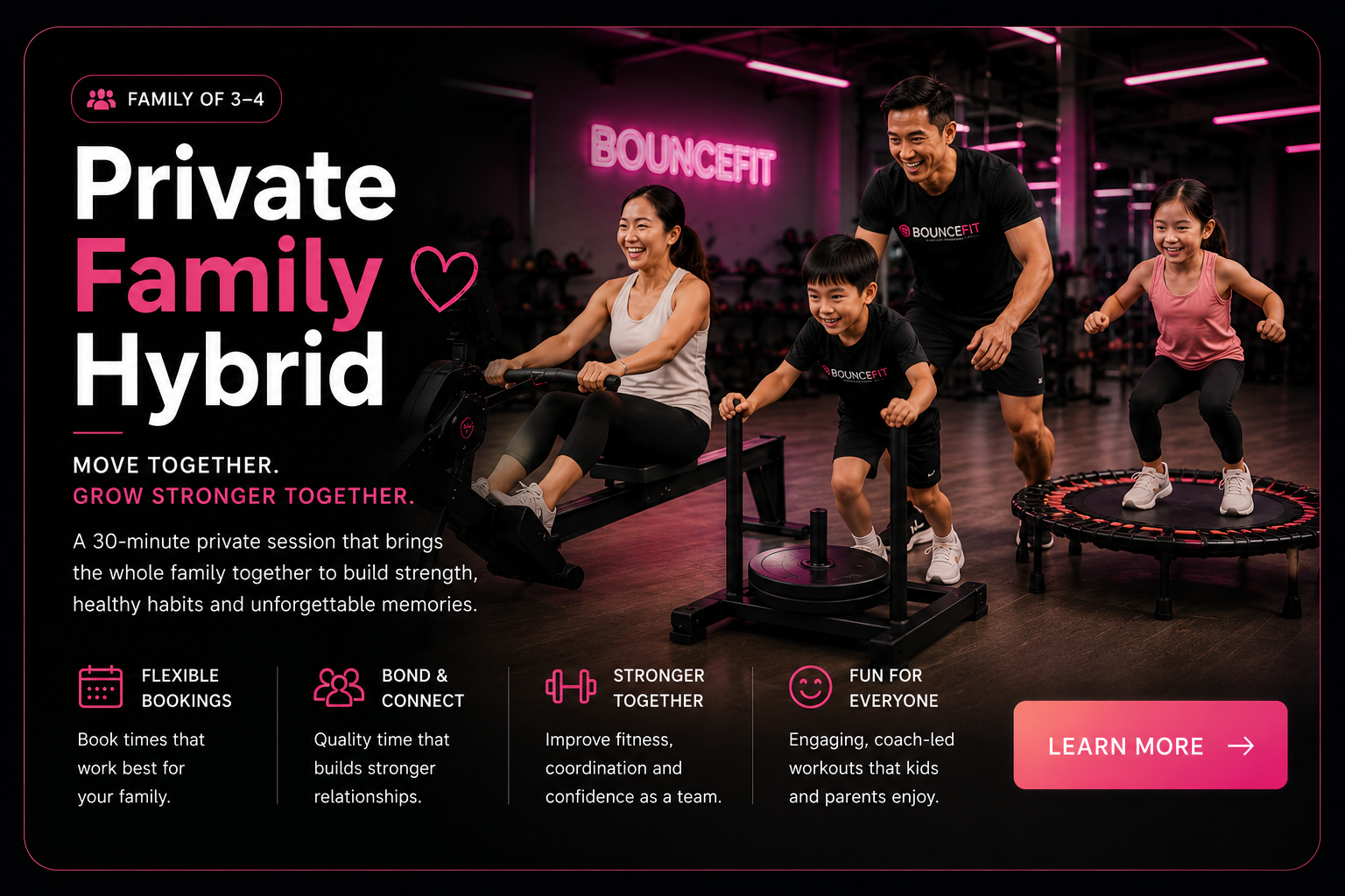 Parents and children moving together in a warm, structured BounceFit family session